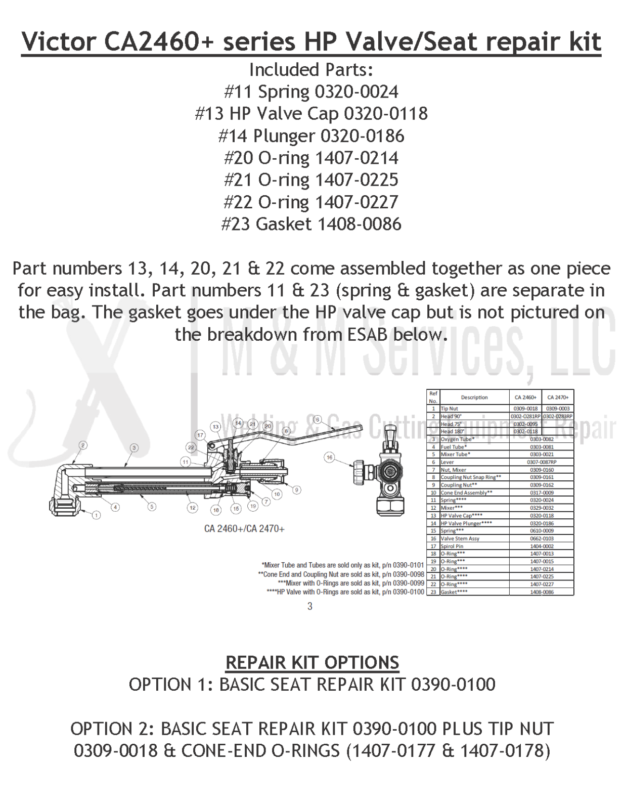 Victor CA2460+ seat repair kit (03900100) w/options new style plus
