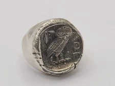 925 Owl of Athena Nike Goddess Minerva ancient coin copy Signet Ring sz 7.5