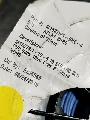 Atlas Wire M16878/1-18-6 #18awg TC PVC Type B Mil-Spec Lead Wire Blue /100ft