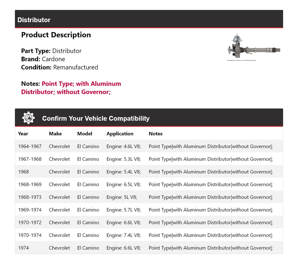 Para Chevrolet El Camino 1964-1974 Distribuidor Cardone 1965 1966 1967 1968 1969 Foto 2 de 4