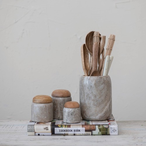 Creative Co-Op Modern Marble Canister with Wood Lid, Natural - Picture 5 of 5