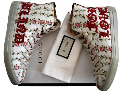 NEW GUCCI FLORAL Print BLIND FOR LOVE Embroidered HIGH-TOP Sneakers EUR-38 US-8