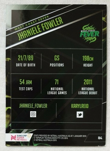 2019 Suncorp Super Netball Base Card 84 Jhaniele Fowler - Picture 2 of 2