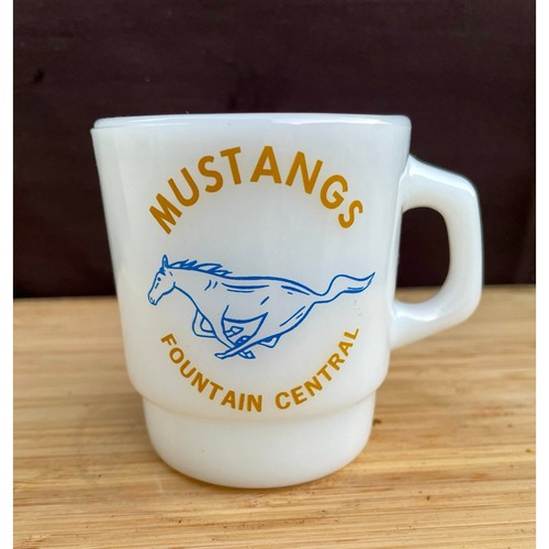 Fire King Milk Glass Mug Fountain Central Mustangs Vintage