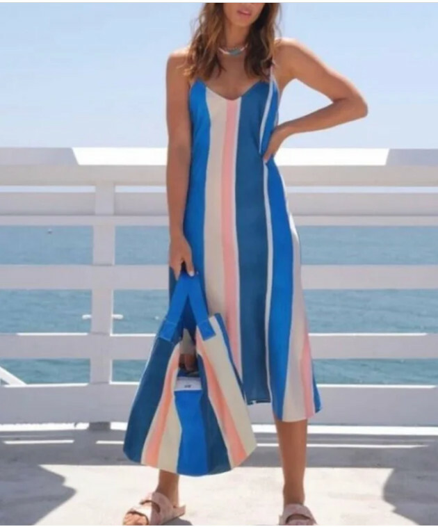 h&m blue striped dress NWT X Lemlem Stripe Slip style Midi sz M Avec Les Filles Women's OFF-WHITE Size:Size 9-10 Womens H