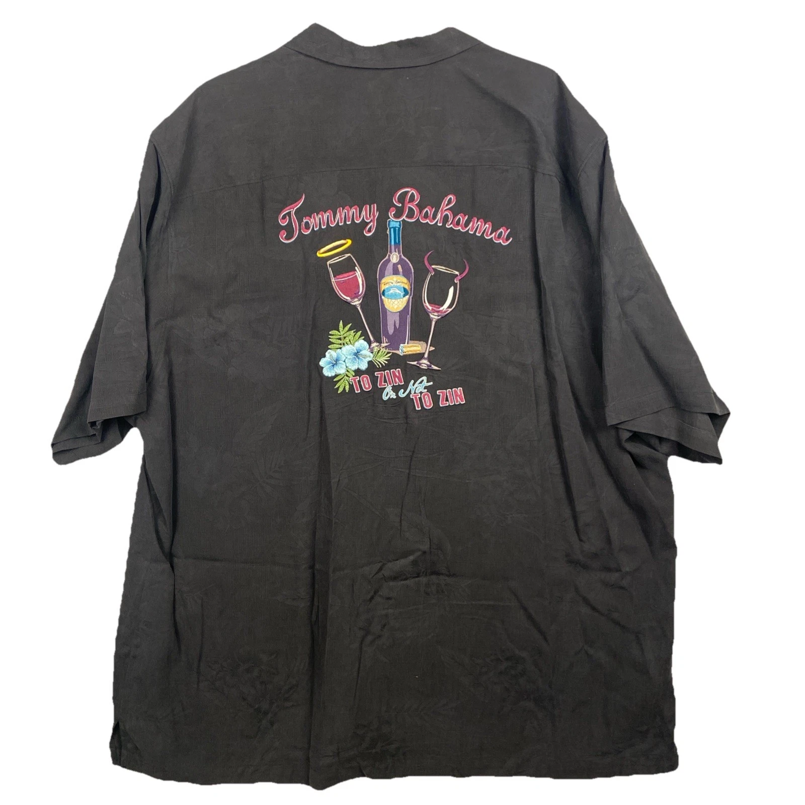 TOMMY BAHAMA Mens 3XL Tall Silk Camp "To Zin or Not to Zin" Shirt Black Wine