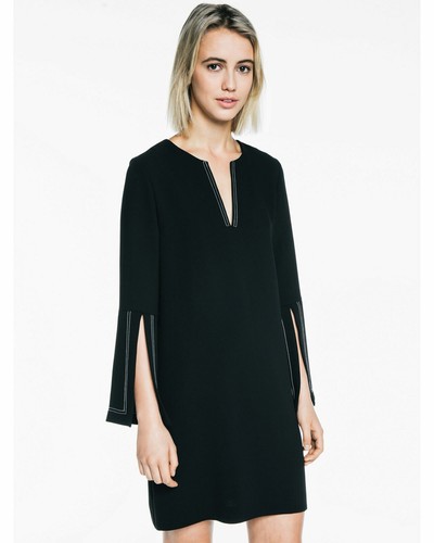 Veronika Maine Tunic Dress Size 10 Black White Stitching 3/4 Slit Sleeve - Bild 2 von 12