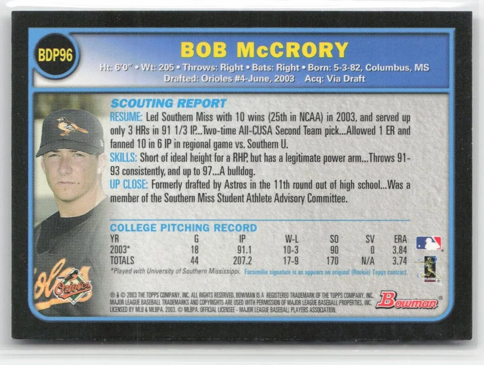 2003 Bowman Draft Picks & Prospects #BDP96 Bob McCrory - Image 2 of 2