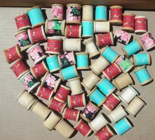 61 VTG MEDIUM/SMALL SEWING WOODEN THREAD SPOOLS- NO THREAD- SOME W/VTG RIBBON