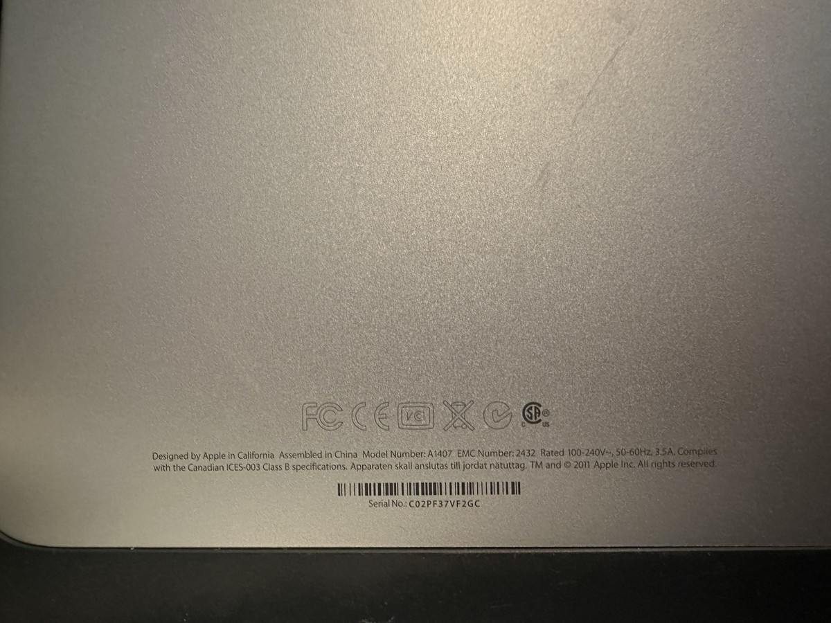 Apple Thunderbolt Display A1407 EMC Number: 2432 Rated 100-240V