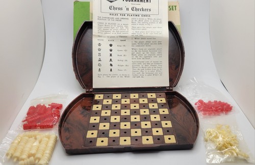 Vintage ES Lowe Mini Travel Chess Checkers Plastic Marbled Folding Case NEW - Picture 1 of 5