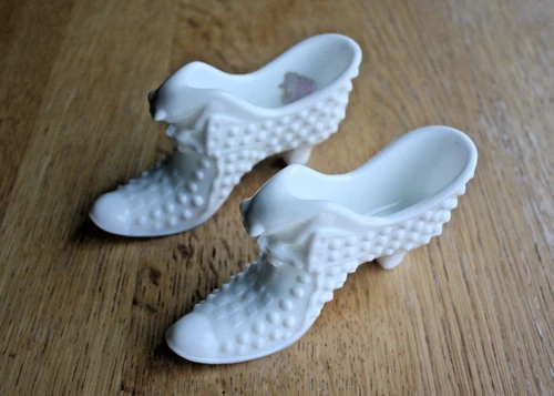 Set of Two Fenton Hobnail Vintage White Milk Glass Cat Head Shoe Slipper Boot