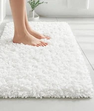 Soft White Shaggy Bath Mat Rug – Absorbent Non-Slip Bathroom Floor Mat