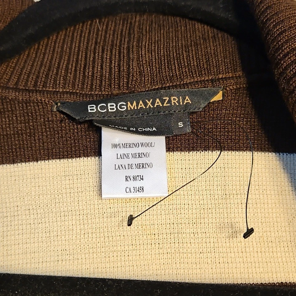Cardigã suéter BCBGMAXAZRIA listrado lã merino marrom bege P pequeno - Imagem 2 de 4