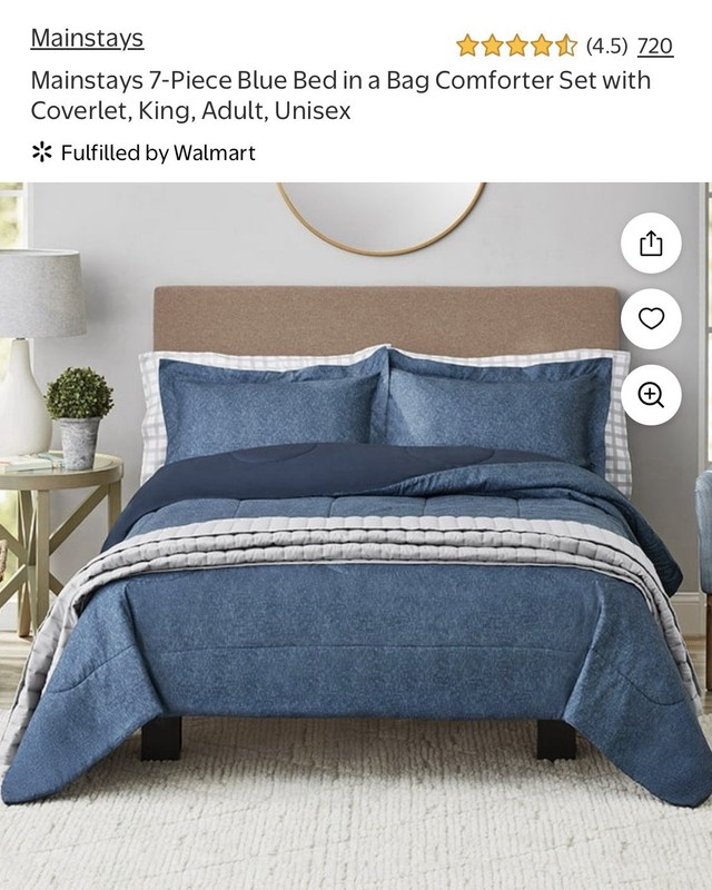 Mainstays 7-Piece King Blue Bed-in-a-Bag Comforter Set with Quilt, Shams