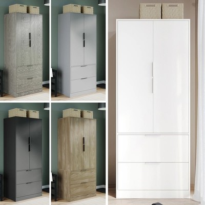 FUJI 180cm Schlafzimmerschrank 2 Türen, 2 Schubladen & Hängeschiene, minimalistisches Design