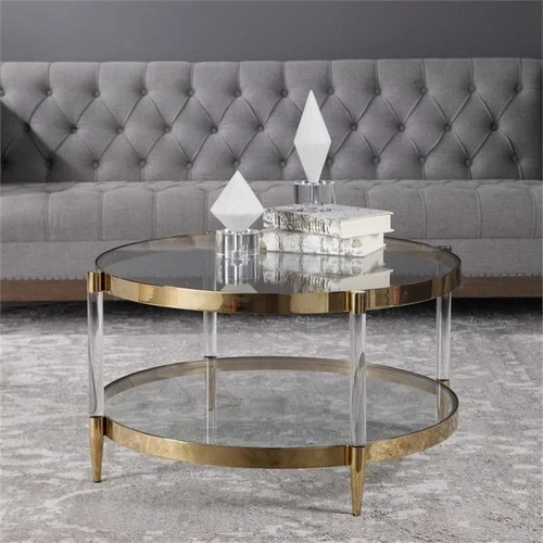 Uttermost Kellen Stainless Steel Glass and Acrylic Coffee Table in Gold - Picture 3 of 6