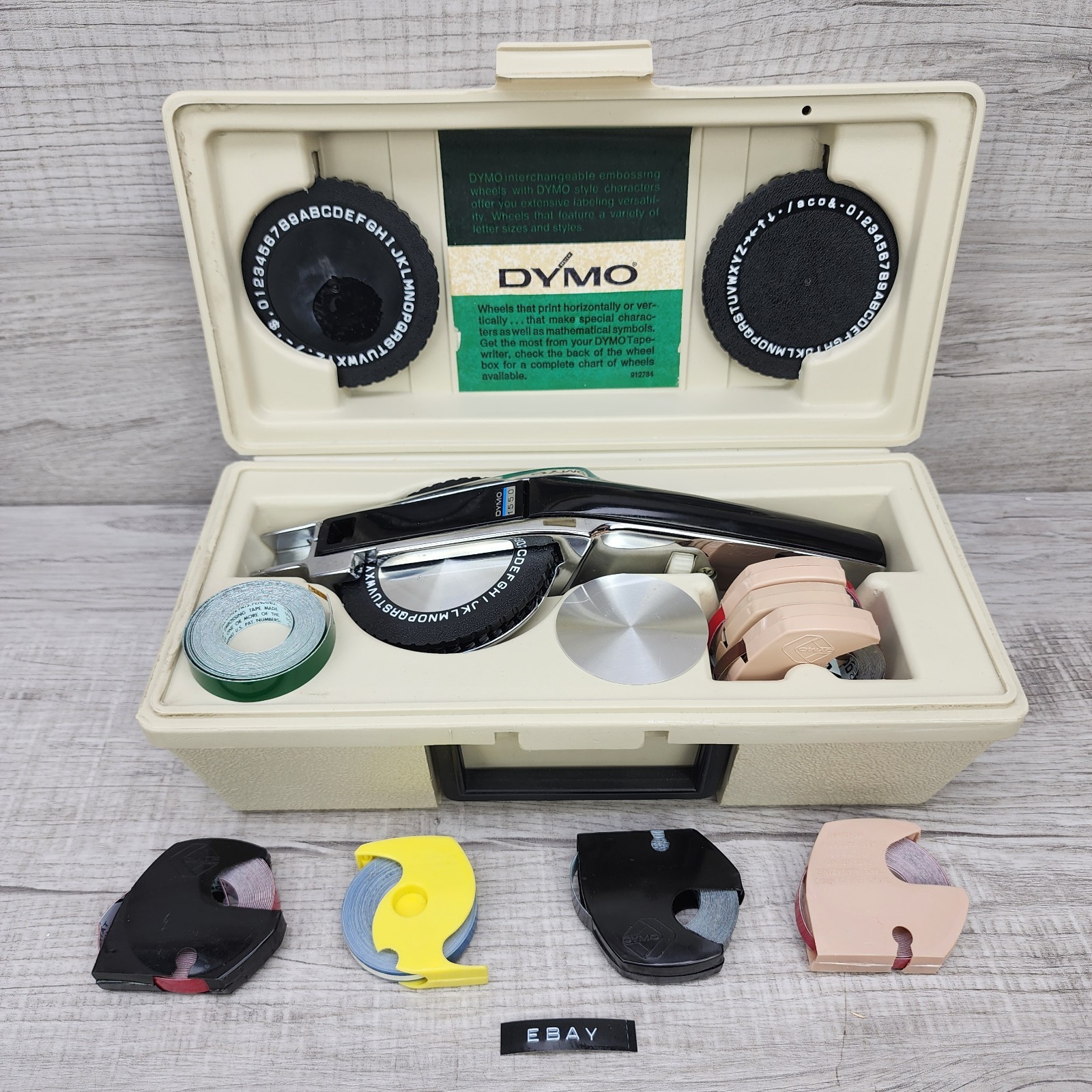 Vintage DYMO Deluxe Tapewriter Kit 1550 Label Maker Embosser Case Wheels Tape