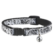 Cat Collar Breakaway with Bell Floral Paisley3 White/Black NARROW Fits 8.5-12"