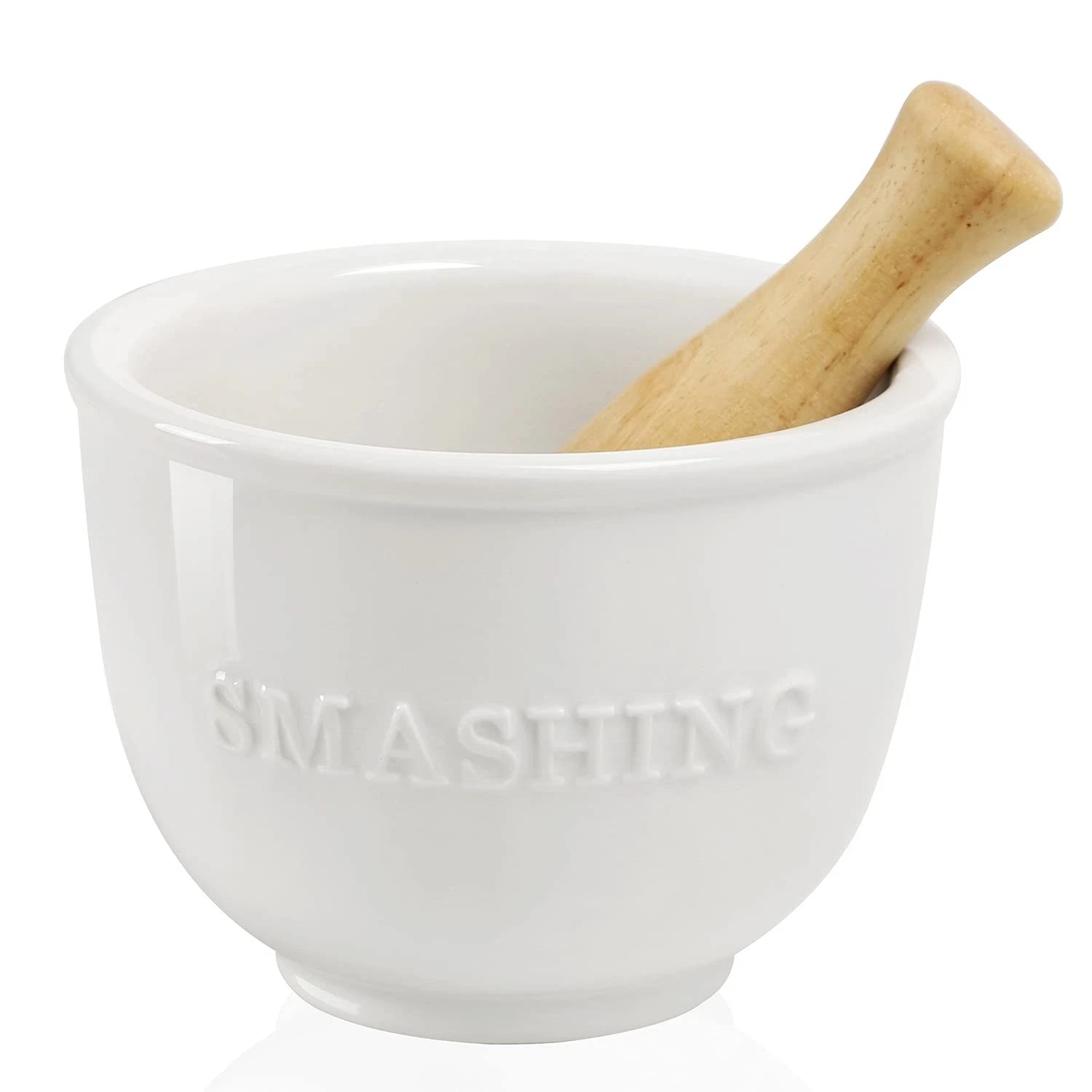 Wooden Procelain Mortar and Pestle Set, Ceramic Pill Crusher, Spice Grinder, ...