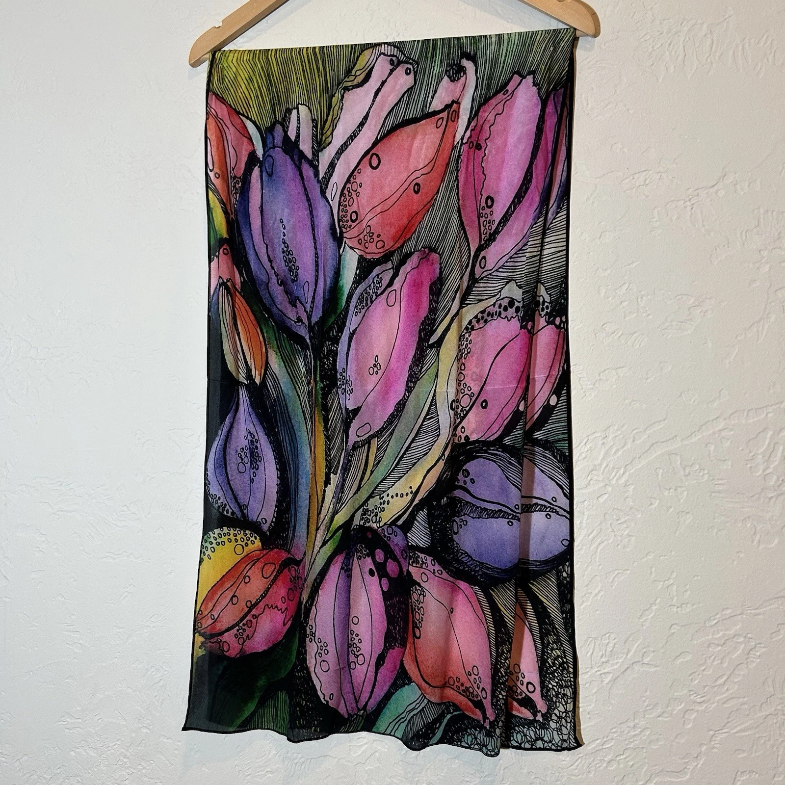 Cocoon House 100% Silk Handmade Tulip Floral Art Scarf Shawl Wrap 60x16.5 in