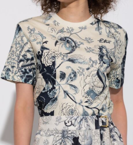 ETRO Milano Women's Crew Neck T-Shirt Top Mermaid Tattoo Ink Floral Print Size M