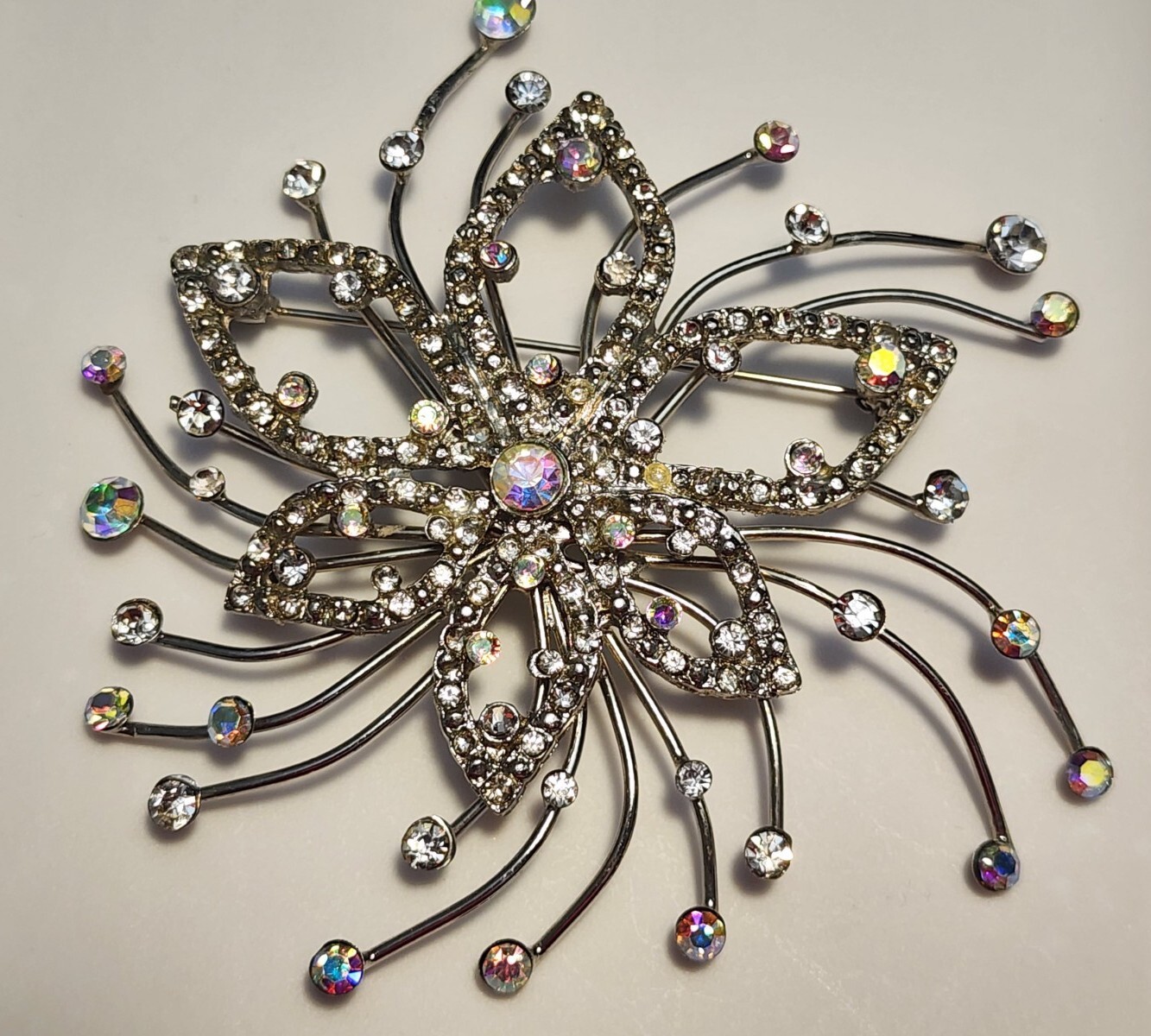 Large Unsigned Silver Tone AB Clear Rhinestone Fl… - image 1