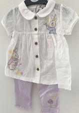 9-12 Months  2 Pc Set ~Cream Short Sleeved Peter Rabbit Blouse & Lilac Leggings