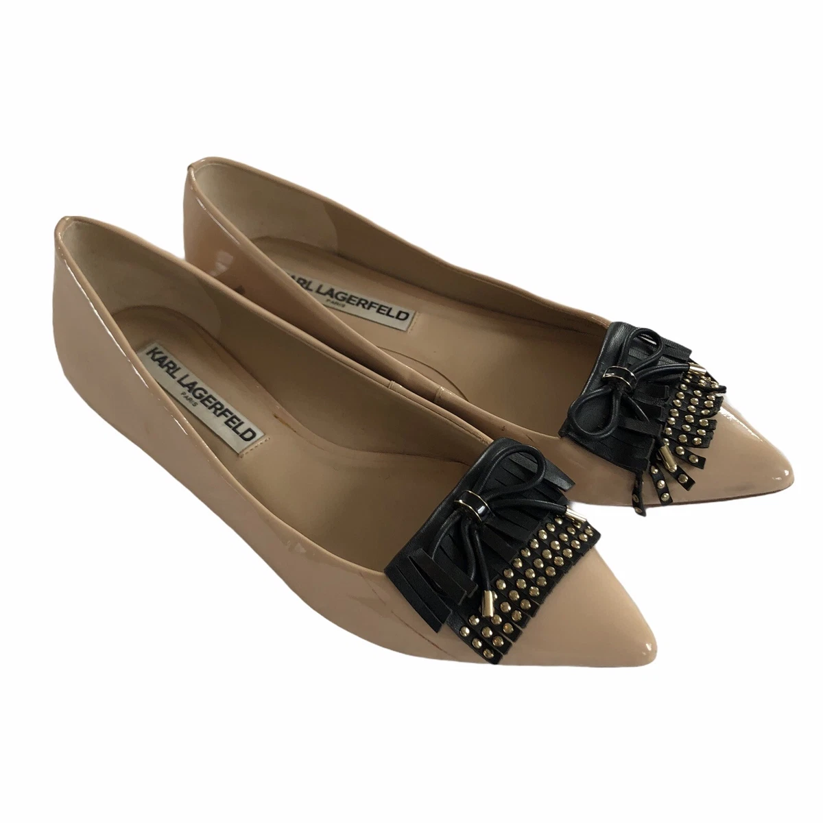 Karl Lagerfeld Nancy Tan Patent Leather Black Bow Tassles Flat Ballet Shoes Sz 6