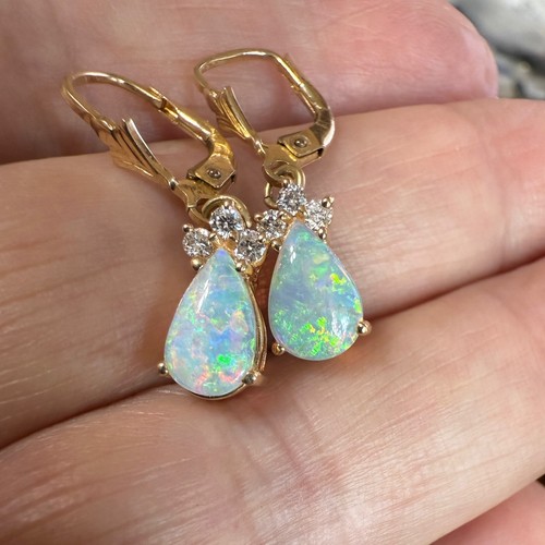 9x6 mm P/S Natürlicher Kristall Opal & Diamant Ohrhänger Leverback 14K 2,9 gm - Bild 8 von 11