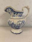 Antique Blue & White Transferware Pitcher Figures on Boat & Building Decoration