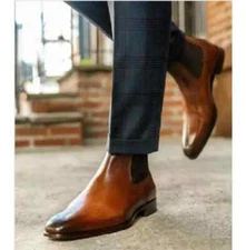 New Tan Chelsea Leather Formal Pull On Handmade Business Boots For Mens