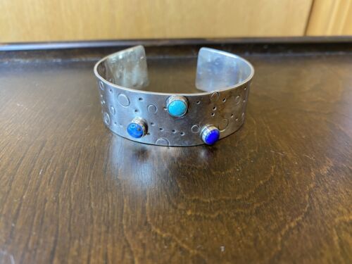Multi Stone Lapis Cuff Bracelet ~ Inscribed inside ~ Silvertone Cuff - Picture 5 of 9