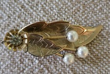 Vintage 1950s CLIP Hair Barrette Rhinestone/Pearl/Goldtone