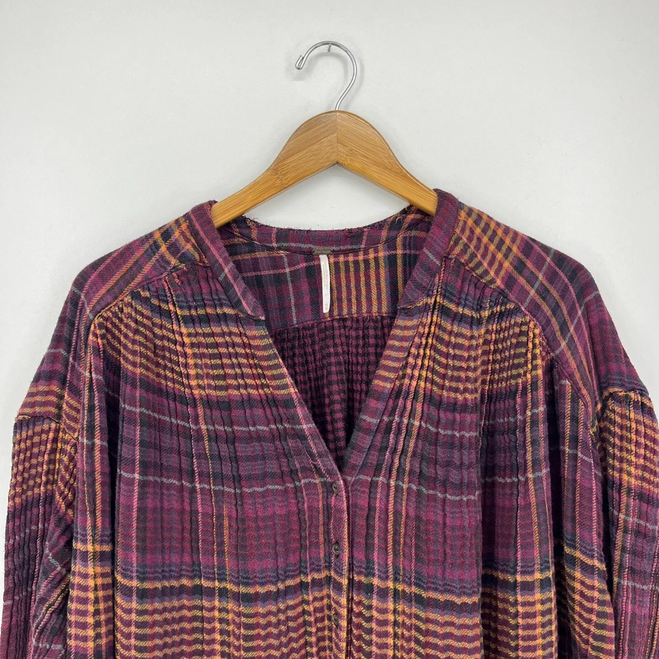 Free People Come On Over Button Down Plaid Top Women's Size M Wine Purple - Image 2 of 4