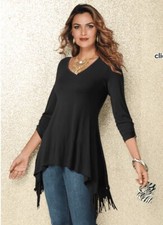 Size S Midnight Velvet Black Sway Away Fringe Tunic Top Blouse