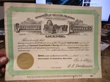 1939 Stationary Steam Engines and Boilers License Class Engineer Certificate Old
