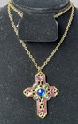 Vintage Avon Cross Necklace, ￼Gold Tone Purple Enamel Blue & Green Cabochon — photo 8