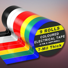 9 Rolls Coloured Electrical Tape - Professional White Black Red Multicolor