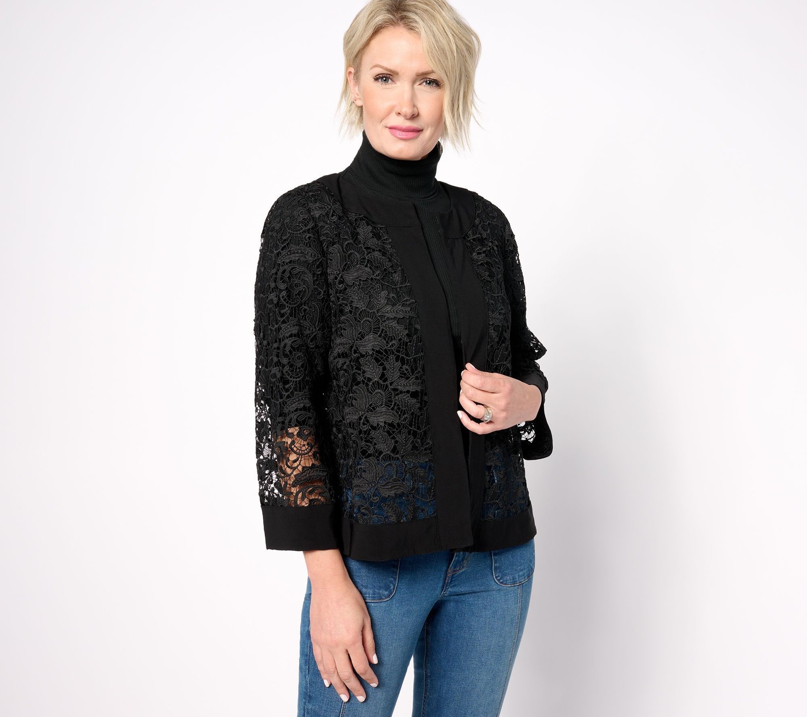 Dennis Basso Women's Top Sweater Sz S Open Front Lace Topper Combo Black A626283