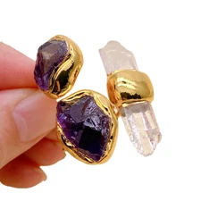 Natural Stone Finger Rings Quartz Amethsyt Adjustable Designer Cocktail Ring