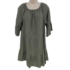 Terzo Millennio Linen Dress Women M Green Boho Crochet Tiered Italy Lagenlook