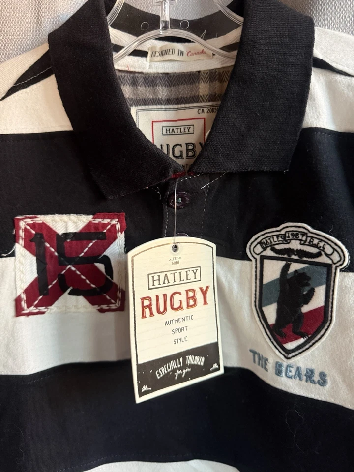Camisa de Rugby Hatley Niños 6 Polo Negro Rayas Logo Bordado Juvenil Deportes Foto 2 de 4