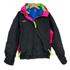 Columbia Vintage Ski Jacket 90s Large Neon Bugaboo Double Layer Coat Black Pink
