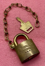 Vintage Military American Lock Co. Brass Padlock W/Chain & Key Collectible