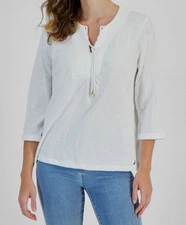 Nautica Jeans Women's White V-Neck 3/4 Sleeve Slub Cotton Tunic Top Size M
