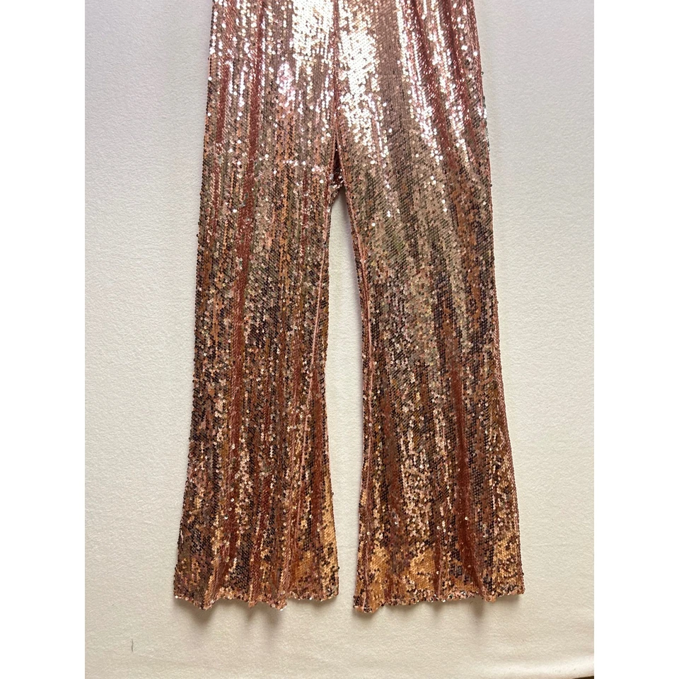 Mono Lulus Oro Rosa Lentejuelas Pierna Ancha Cuello Cuadrado Noche Fiesta Grande Foto 3 de 4