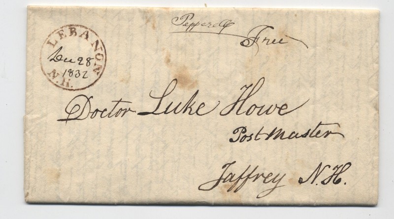 1832 Lebanon NH red CDS stampless free to postmaster [k.1393]