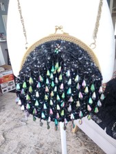 Vintage Golden Crown Black Beaded  Iridescent Sequin Evening Clutch