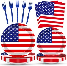100 Pcs USA Flag Party Supplies Set – Serves 25 Red White Blue Disposable